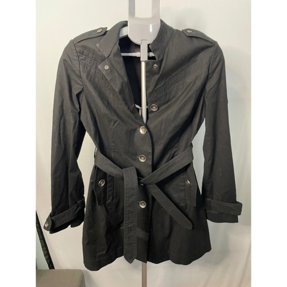Mossimo Black Trench Coat Belted Jacket Military Style Women's Size Small‎